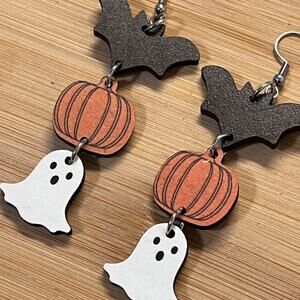 NEW Halloween Fall Bat Pumpkin Ghost Dangle Wooden Earrings